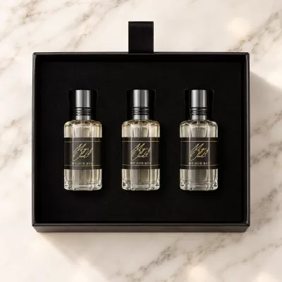 My Oud Luxury Oil Box Set – Open Gift Box Three My Oud Luxury Oil bottles arranged inside an open black presentation box.