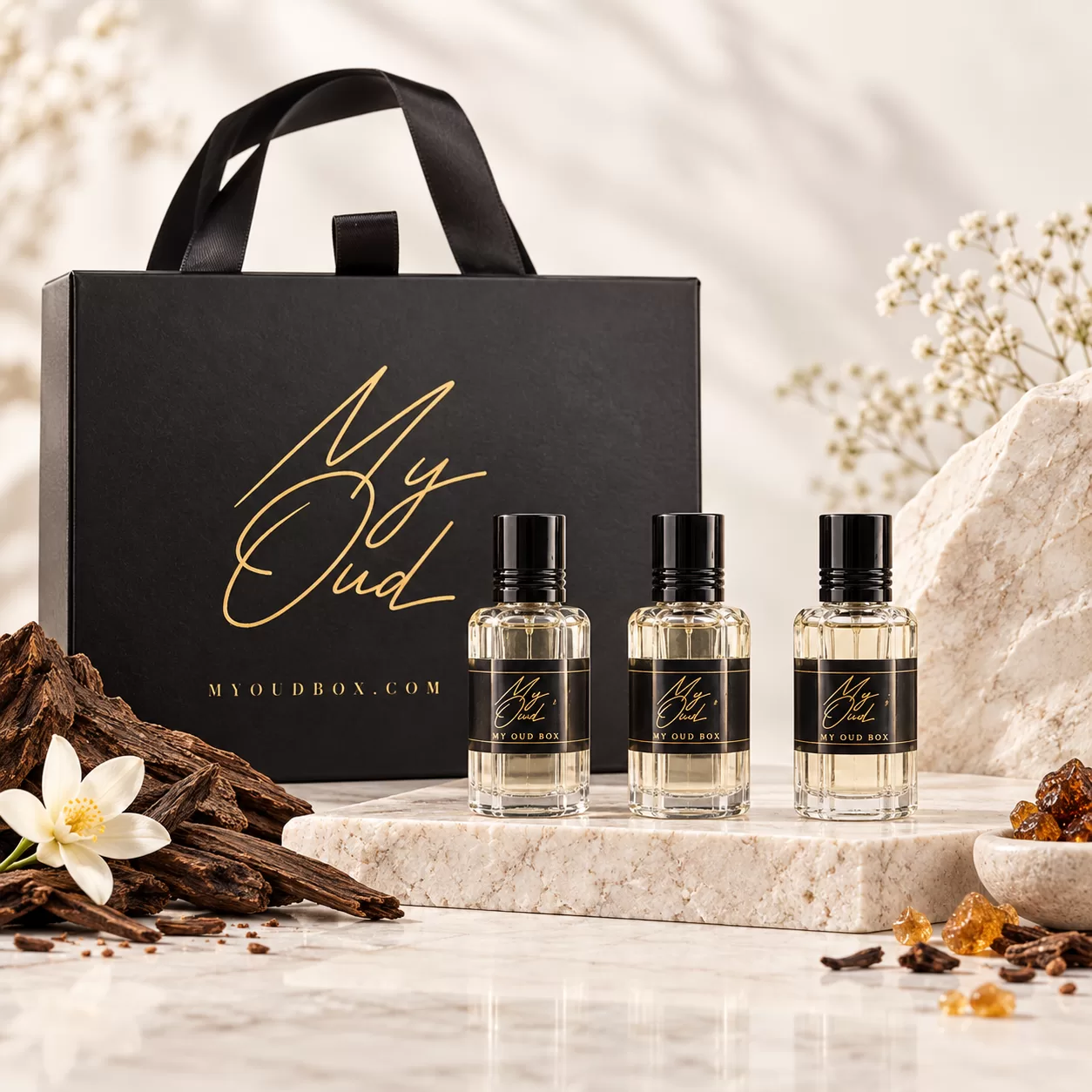 Three My Oud Luxury Oil bottles displayed in front of a black gift box with gold branding.